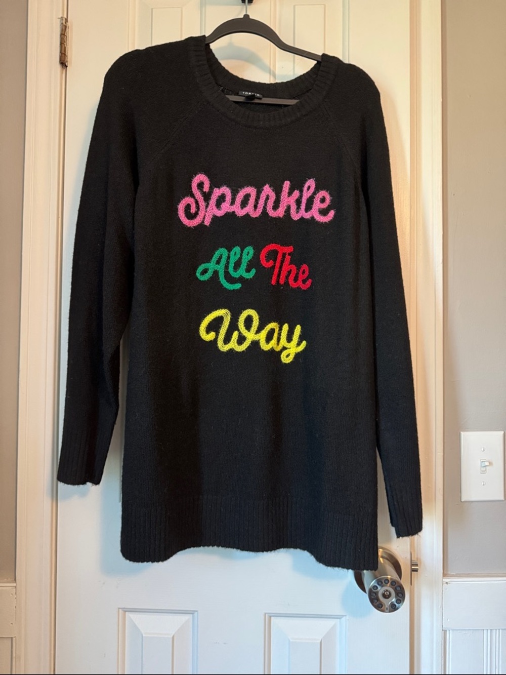 torrid Black Crewneck Sweater with Multicolor 'Sparkle All The Way' Embrod. (R)